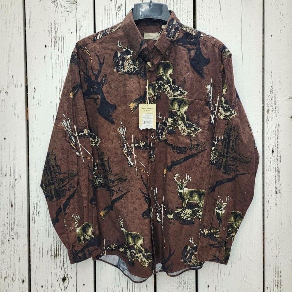 Rugged Earth Button Up Shirt Mens Medium Brown Deer Hunting All Over Print New